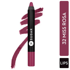 Matte crayon lipstick in dusky rose with lip swatch, pointed tip and slim barrel