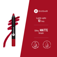 Red matte lip crayon with pointed tip, shown with product feature panel.