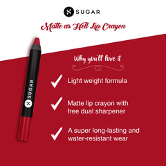 Red matte lip crayon with black base, paired with feature graphic panel.