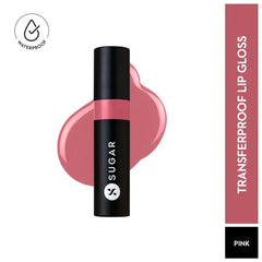 Transferproof gloss lipstick tube with pink-brandy swatch and waterproof icon