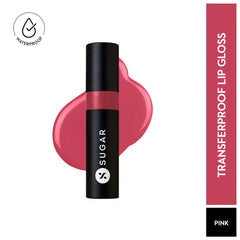 Glossy waterproof lipstick in pink-red with swatch and tube