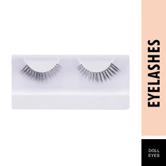 Pair of wispy dark false eyelashes on clear tray, Doll Eyes style