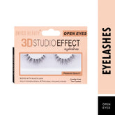 3D studio effect false eyelashes, open eyes, shown on retail box with strip