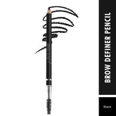Brow definer pencil with spoolie brush applicator and black eyebrow swatches