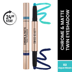 Twin eyeshadow stick set with aqua teal and dark matte shade, beige tube