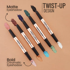 Chrome & matte twin eyeshadow sticks with colorful tips and swatches