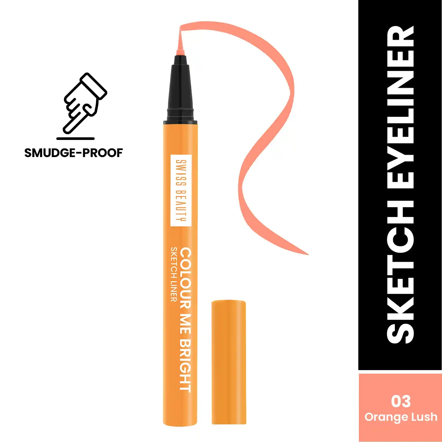Orange sketch eyeliner pencil with dark tip; includes orange cap and swatch
