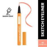 Orange sketch eyeliner pencil with dark tip; includes orange cap and swatch