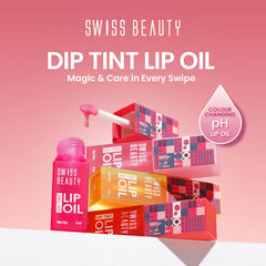 Dip tint lip oil display with multiple red-pink bottles and pink applicator wand