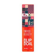 Swiss Beauty dip tint lip oil bottle in strawberry-pink, with printed packaging