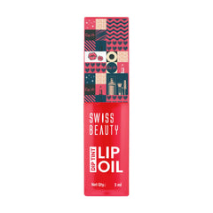 Lip oil bottle with patterned outer sleeve, standing view; red-pink lip oil