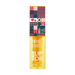 Lip oil tint bottle and patterned box package, with text on front