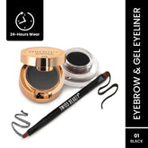 Swiss Beauty eyebrow & gel eyeliner set in black: gel pot, angled brush, and swatches