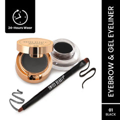 Swiss Beauty eyebrow & gel eyeliner set in black: gel pot, angled brush, and swatches