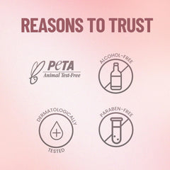 Lip liner benefits icons card showing PETA, paraben-free, and alcohol-free marks