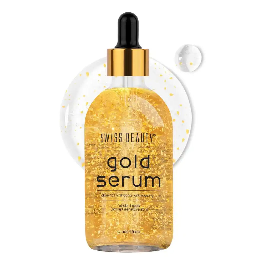 Gold serum bottle with black dropper; amber-gold serum in clear glass vial