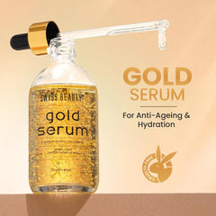 Gold serum bottle with black dropper; amber-gold gel in clear glass