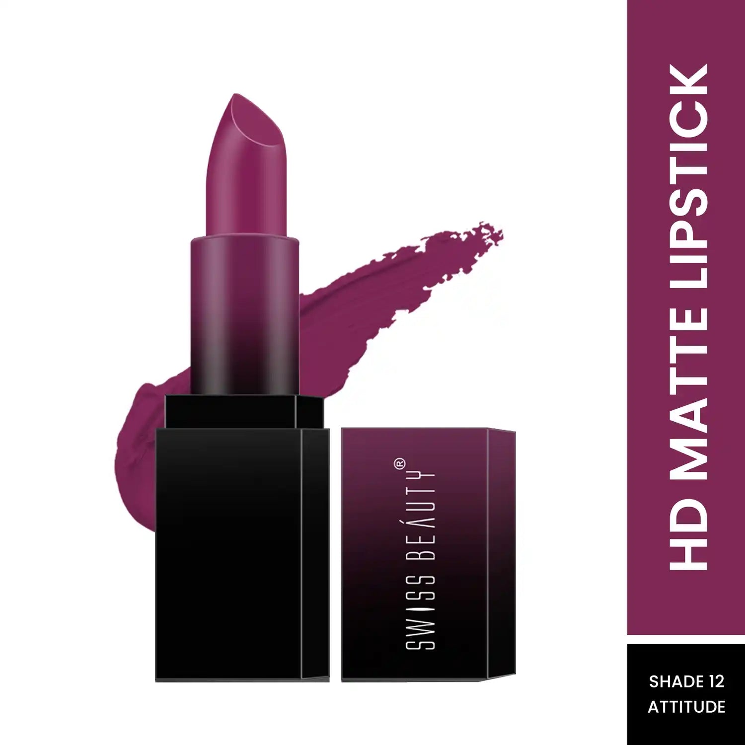 HD matte lipstick shade 12 Attitude in plum, with open case and lipstick smear
