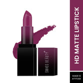 HD matte lipstick shade 12 Attitude in plum, with open case and lipstick smear