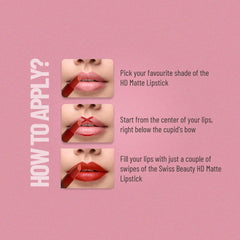 HD matte lipstick application guide with three close-up lip swipe steps