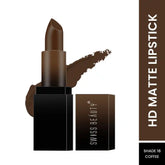 HD matte lipstick in coffee-brown, with black case and Shade 18 box