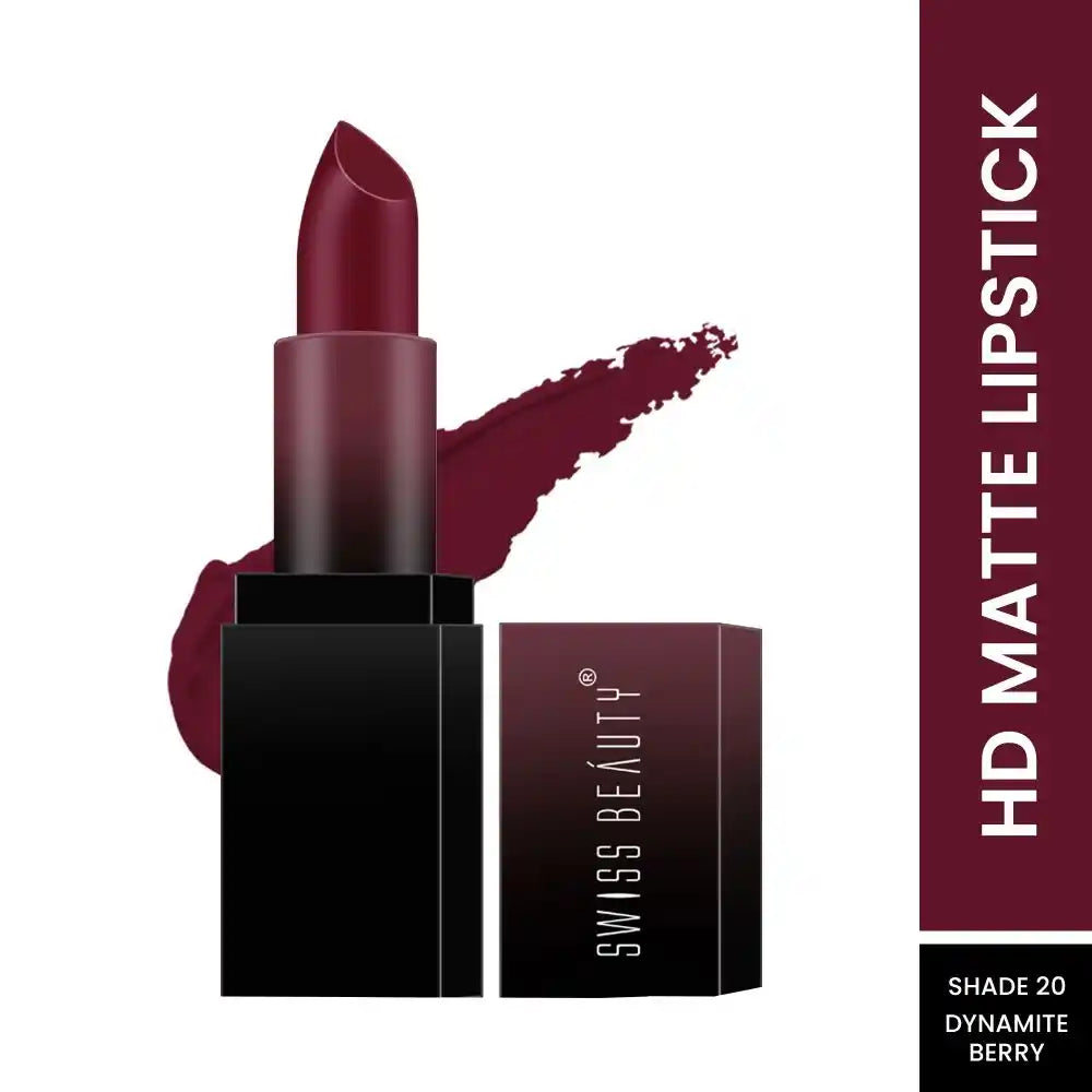 Matte berry lipstick in black tube with cap and matching product box, with swatch