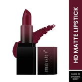 Matte berry lipstick in black tube with cap and matching product box, with swatch