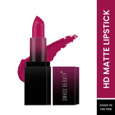 HD matte lipstick in black case, fire pink bullet with lip swatch