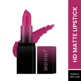 HD matte lipstick in magenta-pink shade, with black case and boxed product