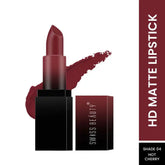 HD matte lipstick in hot cherry shade with bullet and swatch, plus box