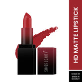 Scarlet red matte lipstick with black casing and lipstick swatch, plus product box.