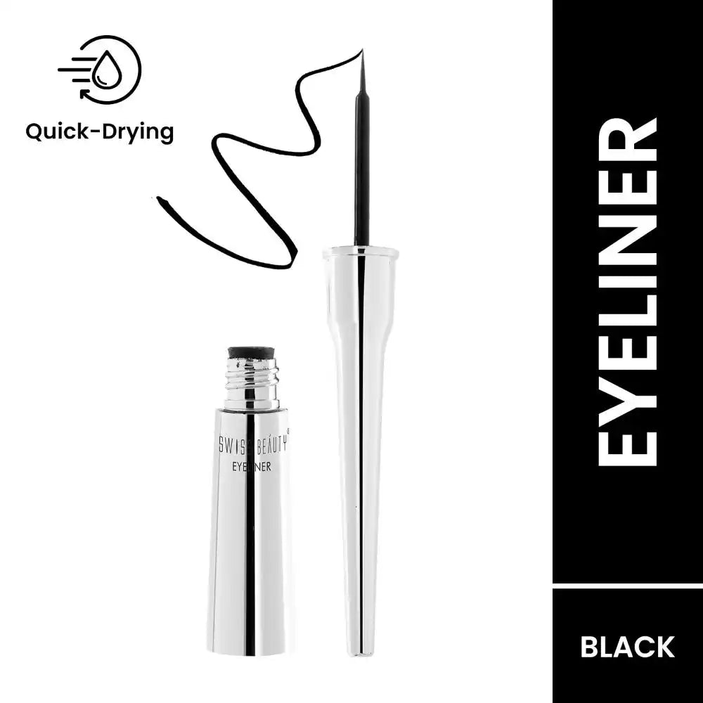 Black liquid eyeliner with applicator tip and silver cap, quick-dry formula.