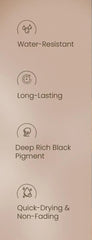 Liquid eyeliner with water-resistant, long-lasting, deep black pigment claims.