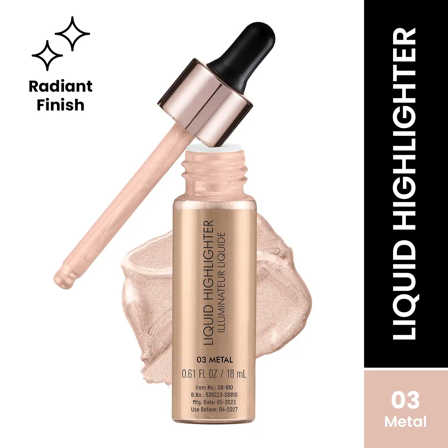 Liquid highlighter bottle with dropper, rose-gold shade 03 Metal