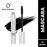 Precision mascara set with black wand and silver tube; water-resistant icon