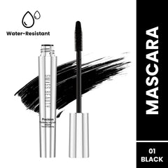 Precision mascara set with black wand and silver tube; water-resistant icon