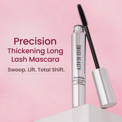 Precision mascara with black wand and silver tube upright