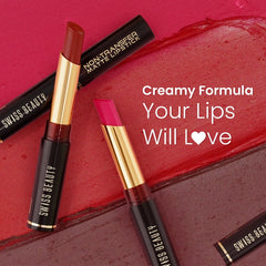 Non-transfer matte lipstick with two tubes and dark red lipstick swatches