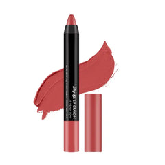 Matte lip crayon with peach-pink swatch; capped stick and lipstick smear
