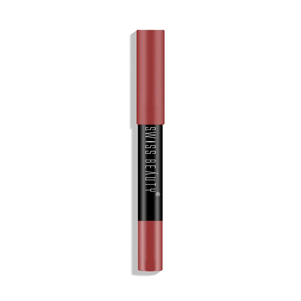 Matte lip crayon in dusty peach-pink, cylindrical tube with black label band