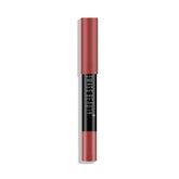 Matte lip crayon in dusty peach-pink, cylindrical tube with black label band