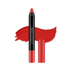 Red matte lip crayon with visible tip and red swatch on background