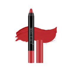 Hot red matte lip crayon with lipstick swatch, pointed tip shown beside swiped color