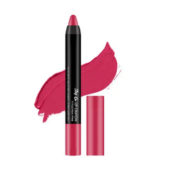 Fuchsia pink matte lip crayon with pointed tip and swatch
