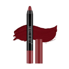 Matte lip crayon with dark red swatch, black barrel and pointed tip