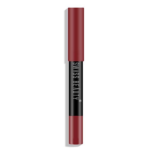 Matte lip crayon with black barrel and maroon-red tip
