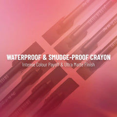 Orange-red matte lip crayon with black barrel and angled color swatch