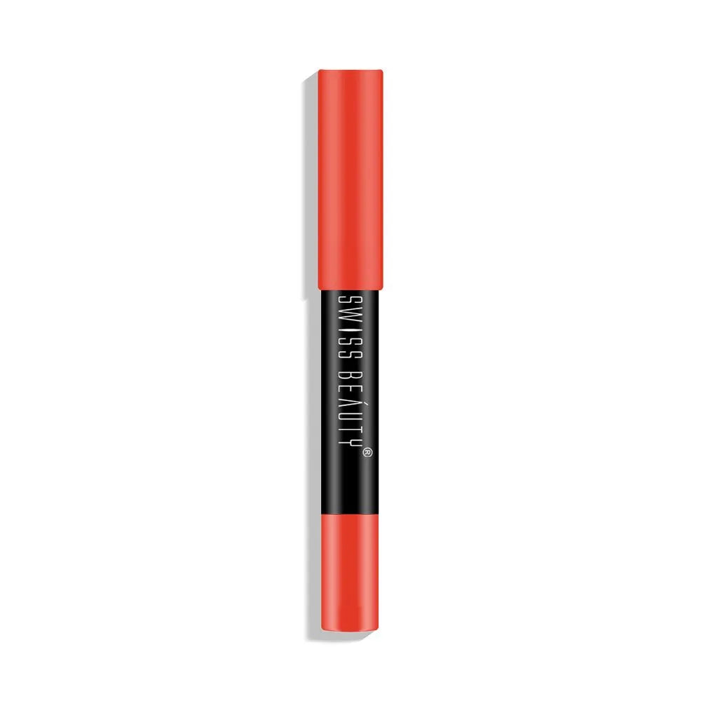 Orange red matte lip crayon with black barrel and pointed tip