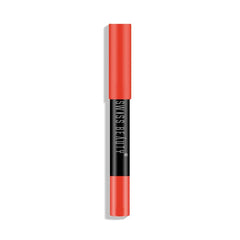 Orange red matte lip crayon with black barrel and pointed tip