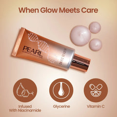 Pearl illuminator makeup base tube with pearl dots, golden pink glow tone.